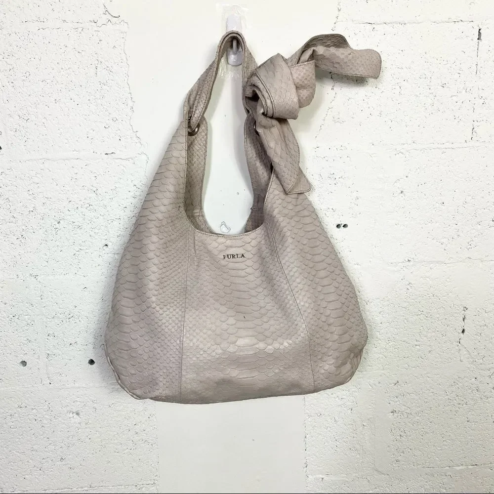 Furla logo light gray croc embossed genuine leather ribbon hobo shoulder bag
